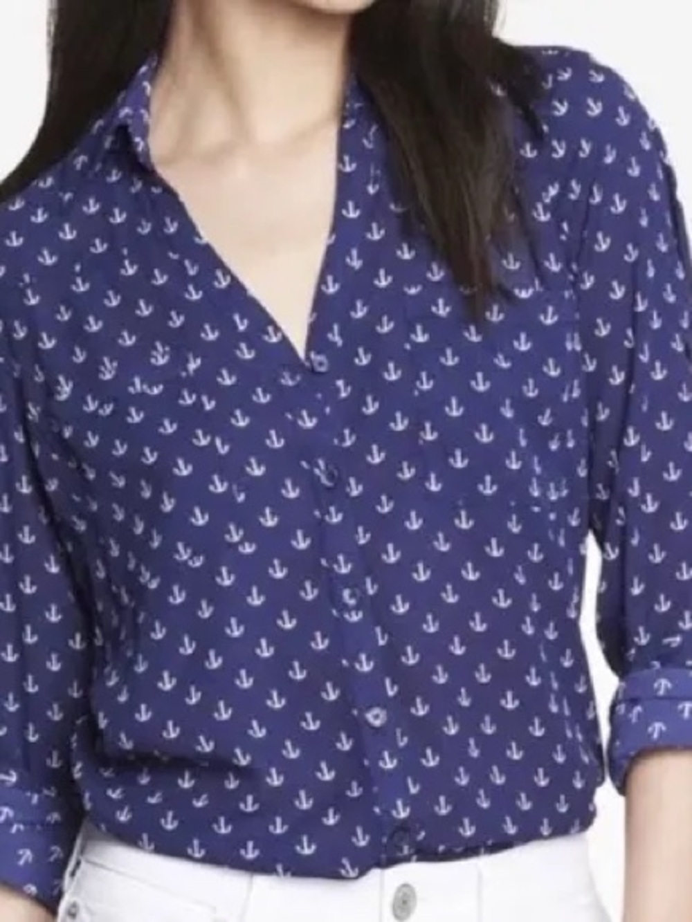 Express Portifino Navy Button-Down Shirt with White Anchor Print. XS